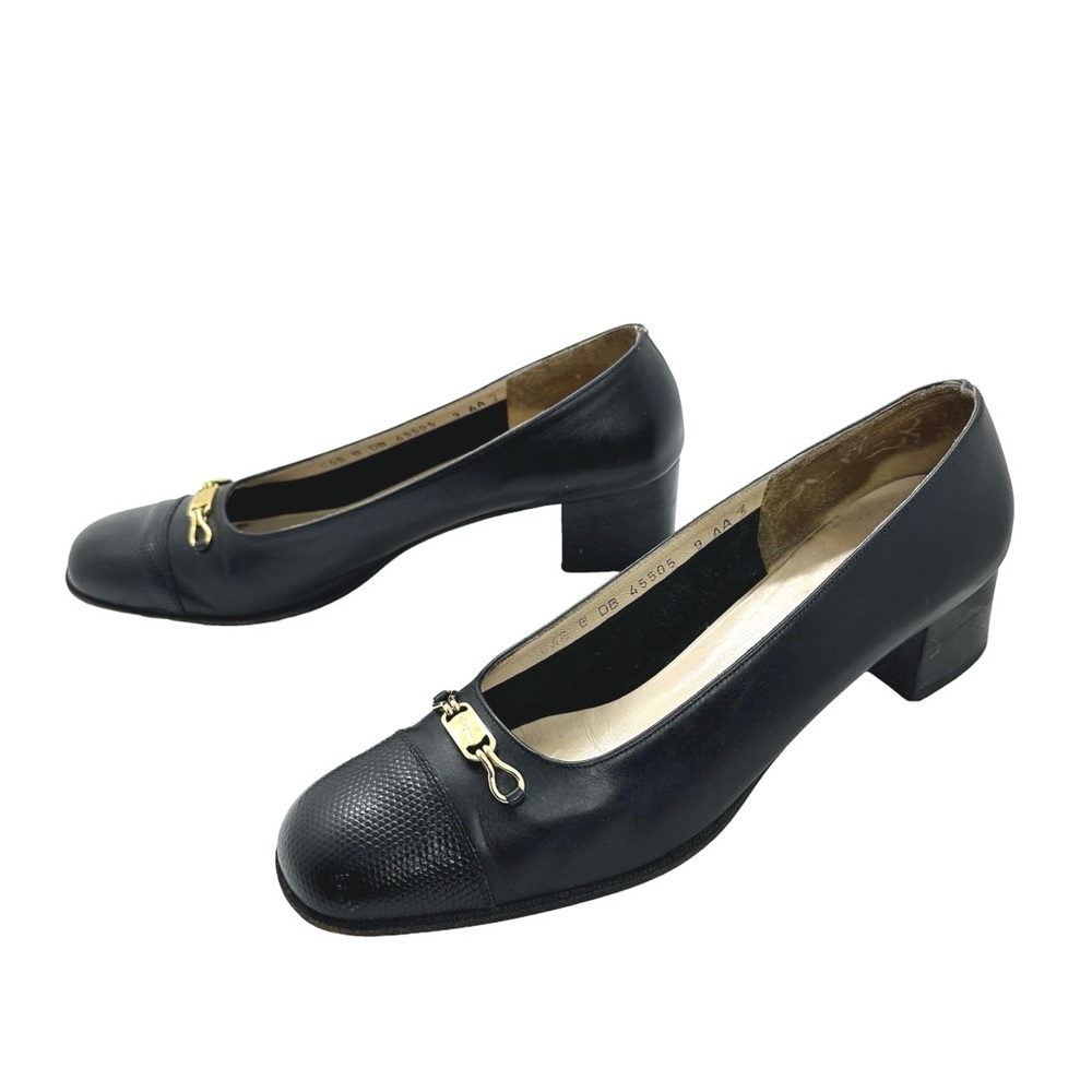Salvatore Ferragamo Black Embossed Snakeskin Leather Cap Toe Shoes Narrow 9AA